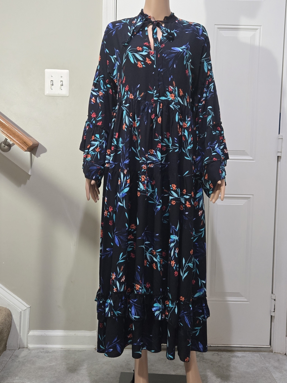 Jaase Black Floral Tie-Neck Tiered Maxi Dress